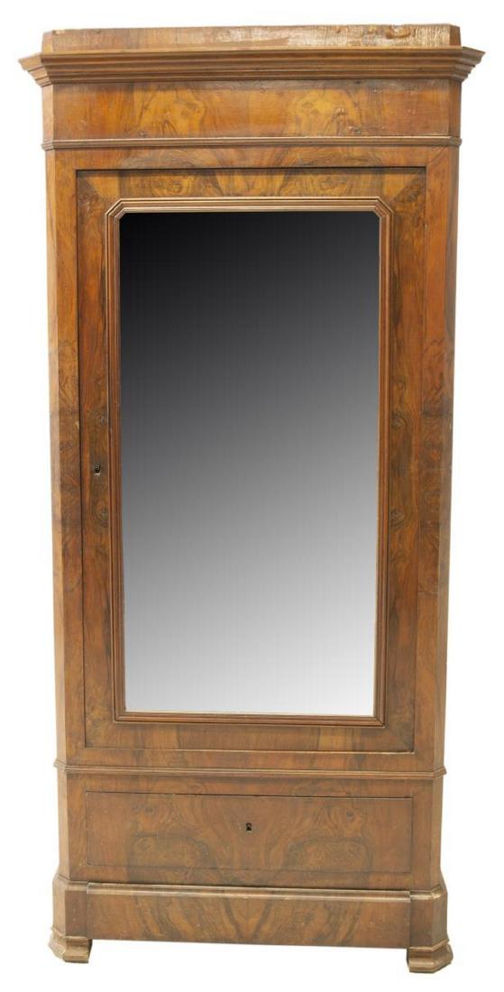 FRENCH LOUIS PHILIPPE PERIOD WALNUT BONNETIERE: French Louis Philippe period figured walnut bonnetiere, 19th c, having cornice top with canted corners, over corresponding case, fitted with center mirror-faced door opening to wardrobe, atop of two d