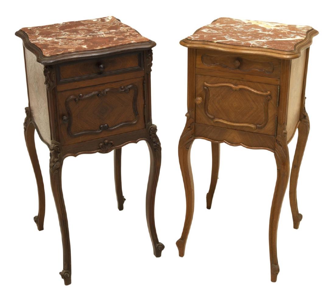 (2) LOUIS XV STYLE NIGHTSTANDS, SIMILARLY STYLED: (lot of 2) French Louis XV style nightstands, late 19th/ early 20th c., similarly styled, having inset marble tops, case fitted with drawer over cabinet, (one) with porcelain interior liner, (one) wit