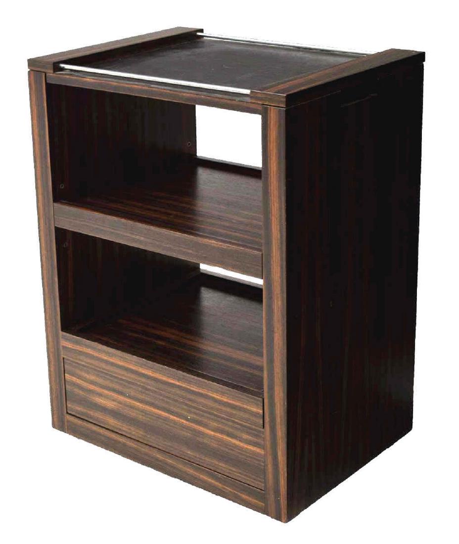 MODERN MACASSAR FINISH SERVICE CART: Modern service cart, late 20th c., in Macassar ebony finish, having a removable tray top, over adjustable height shelves with a lower drawer, on casters, approx 36"h, 24.25"w, 17.25"d **Provenance - P