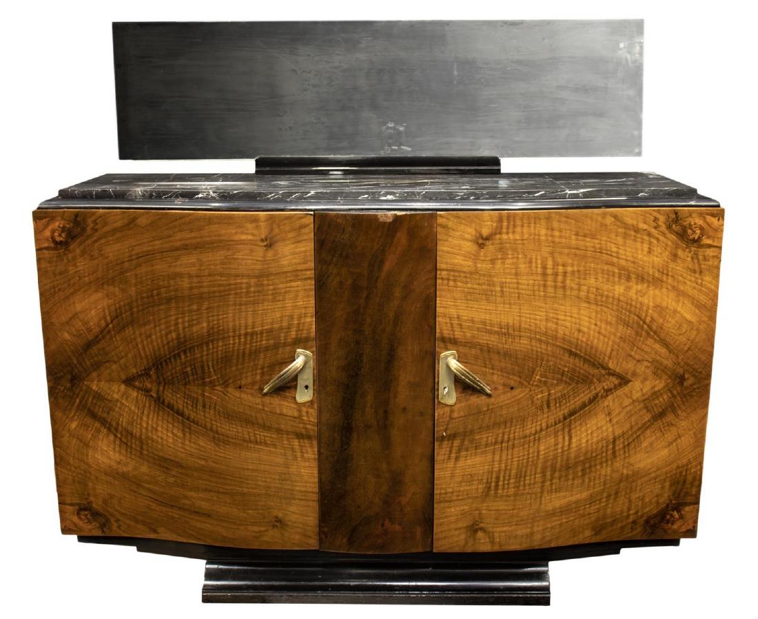 FRENCH ART DECO MIRRORED MARBLE-TOP SIDEBOARD: French Art Deco sideboard, c. 1930s, narrow rectangular flat plate mirror, over inset marble top, serpentine front case with book matched figured veneers, double doors opening to interior drawers and 