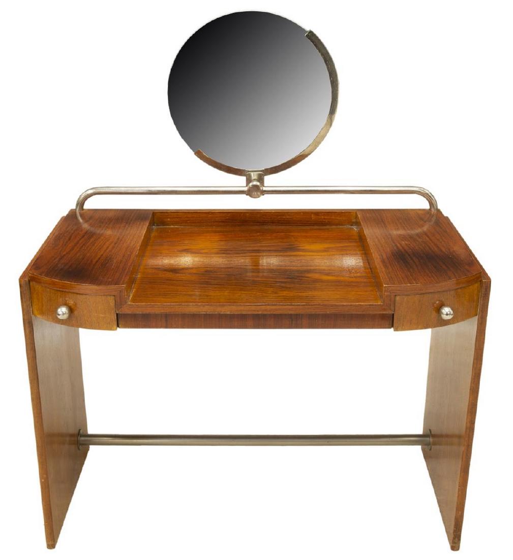 FRENCH ART DECO ROSEWOOD DRESSING TABLE VANITY: French Art Deco rosewood vanity/ dressing table, c. 1930s, having circular mirror over chromed metal bar, recessed work surface, two frieze drawers, stylized supports joined by metal stretcher, approx