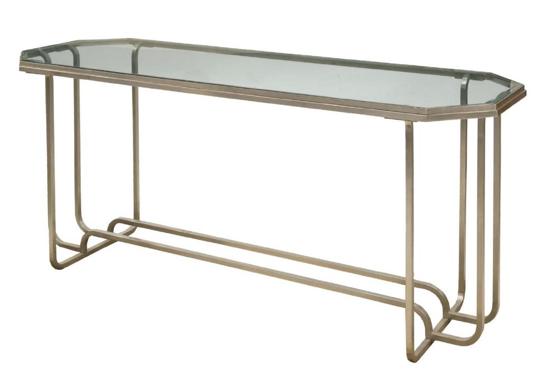 ART DECO GLASS-TOP CHROMED STEEL CONSOLE TABLE: Art Deco matte chromed steel coffee table, c. 1930s, inset glass top with chipping overall as pictured, approx 31"h, 72"l, 24.5"w Start Price: $100.00