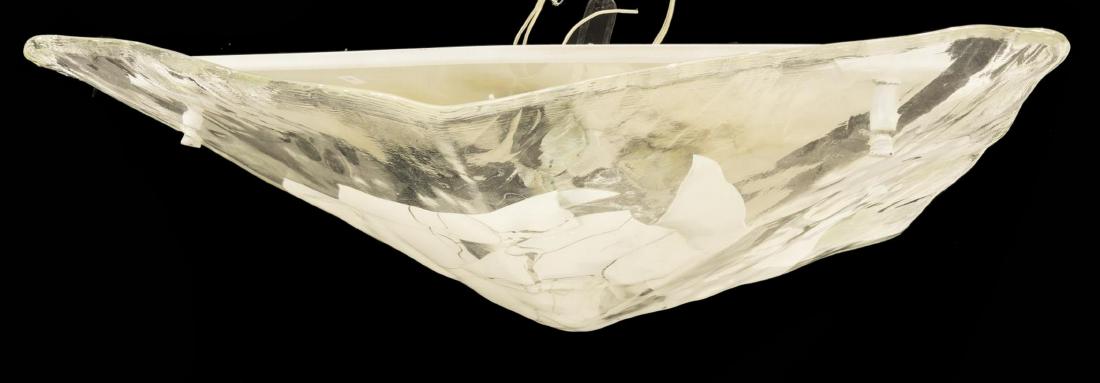 ITALIAN MID-CENTURY MODERN GLASS CEILING LAMP: Italian mid-century modern ceiling lamp, mid 20th c., having white coated steel base, supporting triangular textured glass shade, accented by irregular shaped patches of white glass toward center, ret