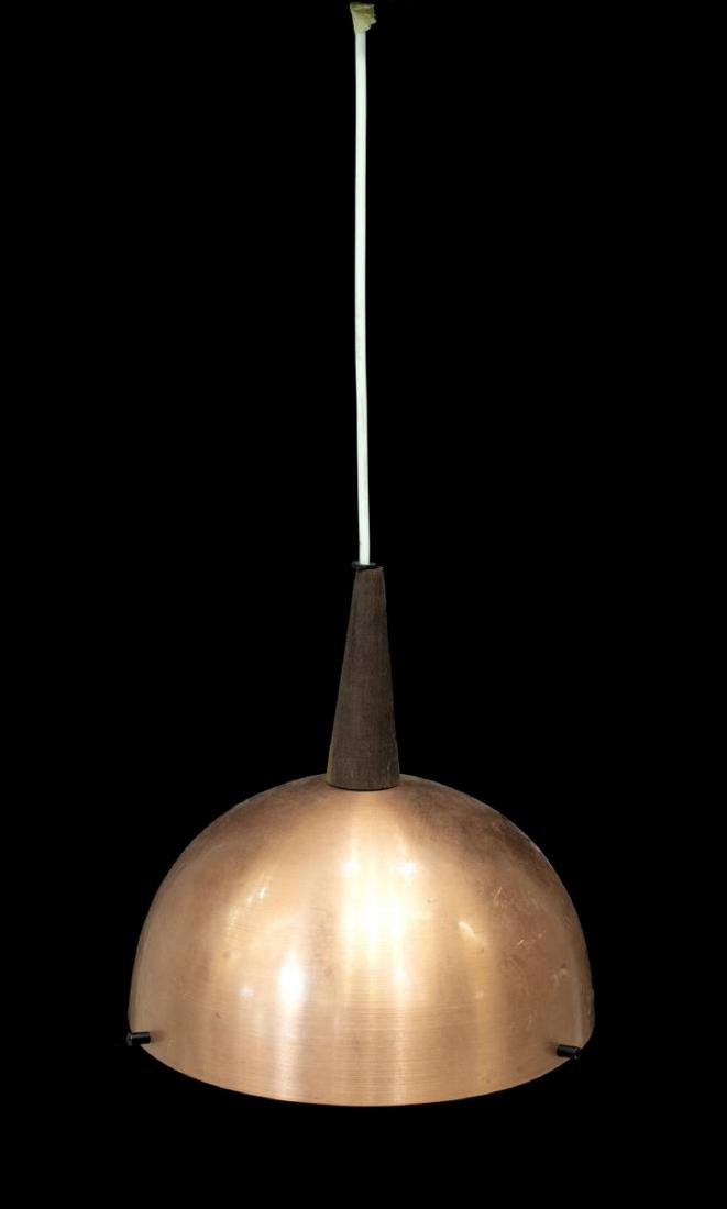 MID-CENTURY MODERN COPPER HANGING PENDANT LIGHT: Mid-century modern hanging pendant light, c. 1960s, having black plastic ceiling cap, conical teak finial, over domed copper shade, concealing a single light, in need of wiring, approx 23.25"h, 9.25"d