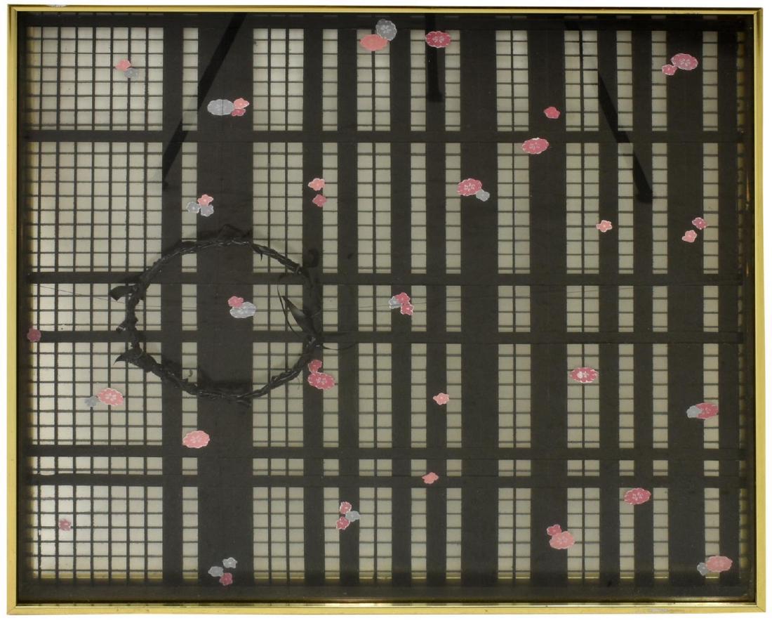 FRAMED MIXED MEDIA COLLAGE ON GLASS: Framed mixed media collage on glass, Crown of Thorns, unsigned, sight: approx 23.5"h, 23.5"w, overall: approx 24.25"h, 24.25"w, 15lbs Start Price: $50.00