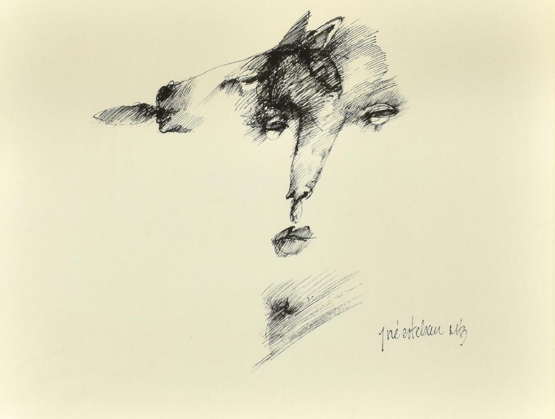 JOSE ESTEBAN MARTINEZ (B.1951) SURREAL INK DRAWING: Framed ink drawing on paper, Two Faces, signed lower right Jose Esteban Mtz (Jose Esteban Martinez, Mexico, b.1951), sight: approx 14"h, 18"w, overall: approx 20.75"h, 24.75"w, 5.5lbs Start Price: $80