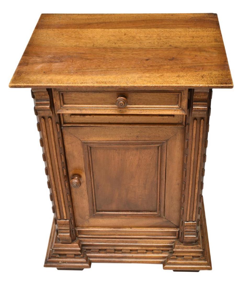 FRENCH WALNUT BEDSIDE CABINET, 19TH C.: French walnut nightstand, 19th c, having rectangular top, over single drawer and cabinet containing interior shelf, with turned knobs, encased in hand-carved designs, rising on block feet, approx 28.7