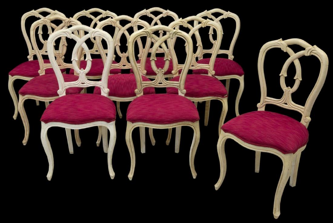 (10) FRENCH LOUIS XV STYLE PAINTED DINING CHAIRS: (lot of 10) French Louis XV style dining side chairs, 20th c., painted frames, shaped back with openwork center splat, upholstered seat cushion, rising on front cabriole legs, approx 37"h, 18.5"w, 17"