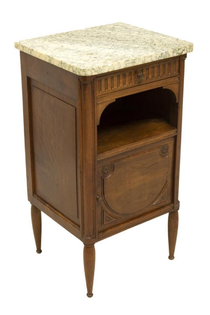 FRENCH LOUIS XVI STYLE MARBLE-TOP WALNUT STAND: French Louis XVI style walnut nightstand, early 20th c., having marble top, case fitted with drawer over arcaded niche, lower cabinet with porcelain lined interior, rising on tapered cylindrical legs,