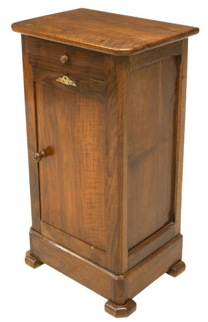 FRENCH LOUIS PHILIPPE WALNUT BEDSIDE CABINET: French Louis Philippe period walnut nightstand, 19th c, rectangular top with rounded front corners, over single drawer and cabinet containing floral liner and interior shelf, with turned knobs, rising