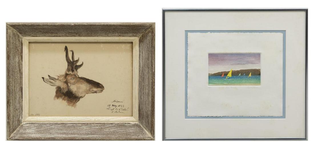(2) BRENT THOMSON ETCHING & KARL BODMER PRINT: (lot of 2) Framed prints, including: (1) color etching on paper, "Lake Mead," signed lower right Brent Thomson (United States, b.1964), numbered 13/ 60, sight: approx 9"h, 10"w, overall: approx 14.25"
