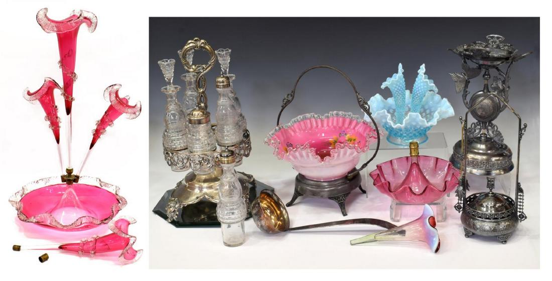 (LOT) COLLECTION ART GLASS, SILVERPLATE, LOSS: (lot) Collection of art glass and silverplate, all with loss, wear and issues, including: (1) large cranberry epergne with applied colorless rigaree, central flute is loose in holder, support for flut
