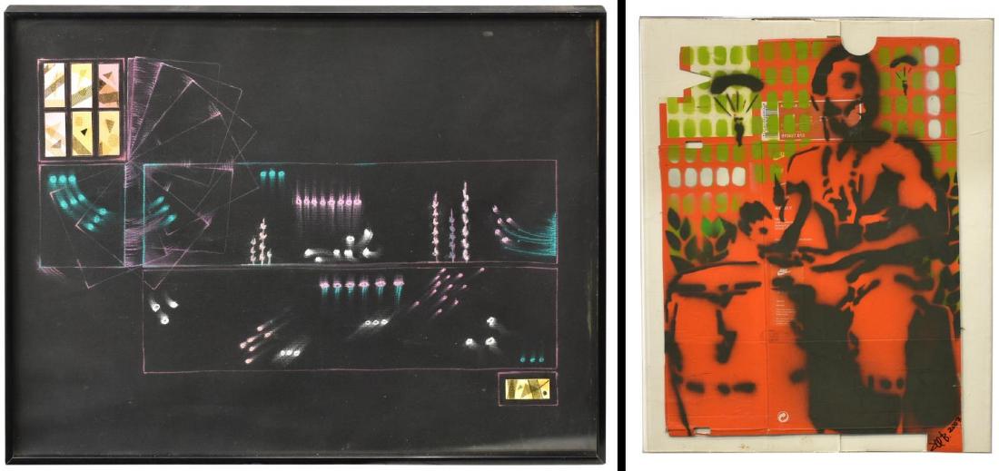 (2) PASTEL COLLAGE & GRAFFITI STENCIL PAINTING: (lot of 2) Framed art, including: (1) graffiti stencil painting on deconstructed Nike shoe box, signed and dated 2007 lower right, housed in plexiglass frame, overall: approx 20.25"h, 16.25"w, (1) pas