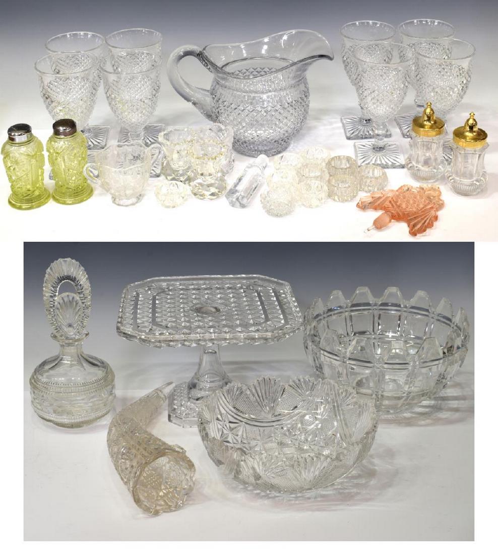 (LOT) LARGE COLLECTION PRESS MOLDED & CUT GLASS: (lot) Large collection of press molded and cut glass tableware, highlights include: (8) goblets, hobnail pattern, baluster-form stem, on square foot, approx 6.25"h, 3 1/8"diam, (1) corresponding hobna