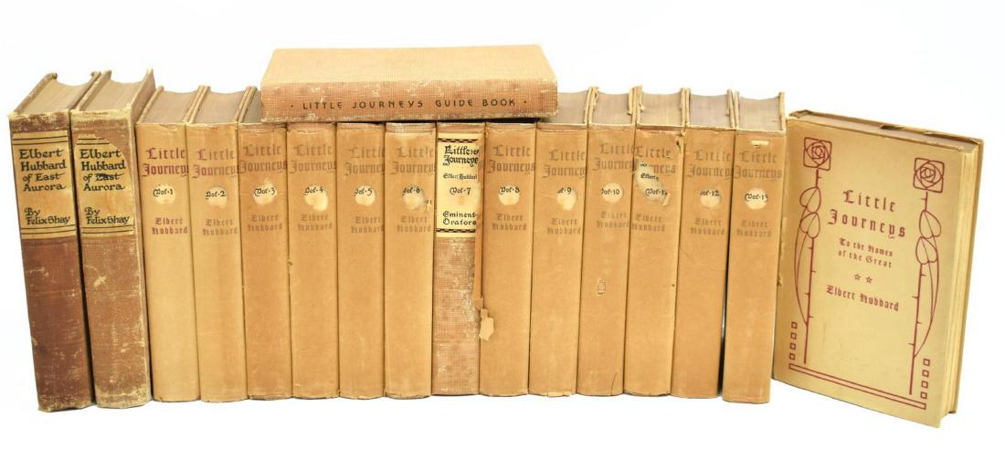 (17) BOOKS: "LITTLE JOURNEY" ELBERT HUBBARD, OTHER: (lot of 17) Elbert Hubbard books: (17 volumes) "Little Journey", Elbert Hubbard, The Roycrofters, 1928; (2) volumes, "Elbert Hubbard of East Aurora", Felix Shay, Wm. H. Wise Co., New York, 1926, large