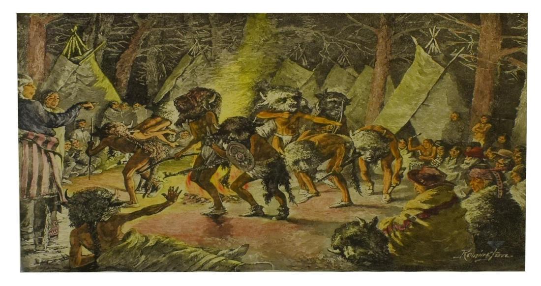 WESTERN BUFFALO DANCE PRINT AFTER REMINGTON: Framed hand-colored print on paper, "The Buffalo Dance," unsigned, after Frederic Remington (United States, 1861-1909), numbered 3/ 500, Library of Congress stamp lower right, repair to lower right co