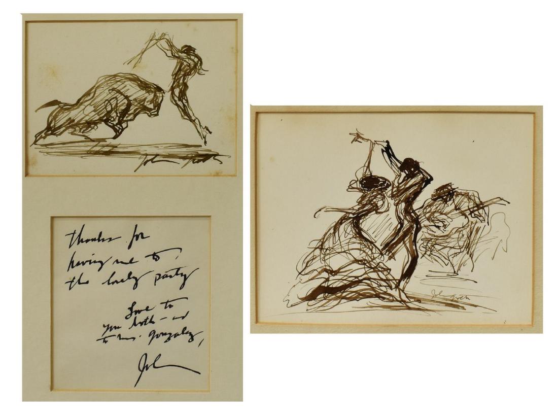 2) JOHN GROTH (D.1988) FLAMENCO, BULL FIGHT SKETCH: (lot of 2) Framed ink sketches on paper, signed lower right John Groth (New York, Illinois, 1908-1988), including: (1) Flamenco Dancers, frame lacking glass, sight: approx 5"h, 6"w, overall: approx 10