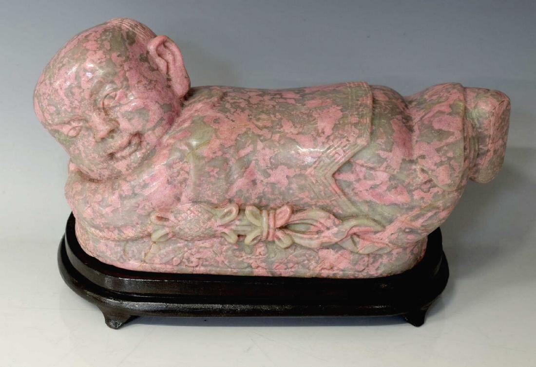 CHINESE CARVED HARDSTONE FIGURE, BUDDAH, IN BOX: Chinese carved stone Buddha figure, depicting Buddha resting with head upon arms and legs elevated, retaining box, some loss to box, approx 5.25"h, 9.5"w, 4.25"d, 11lbs total Start Price $50.00 His nu