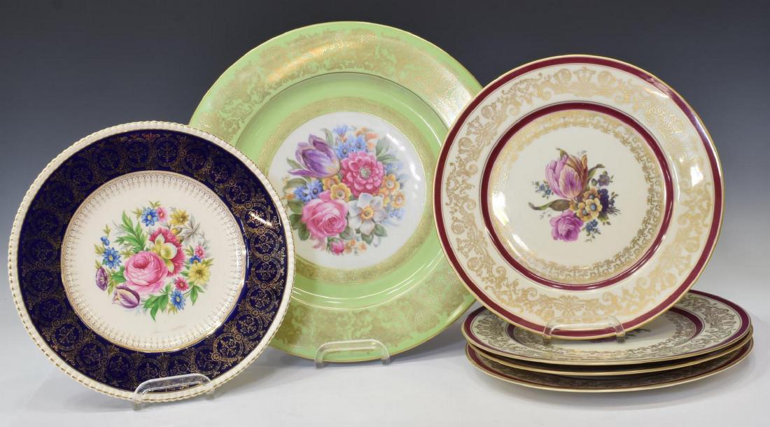 (6) COLLECTION VINTAGE FLORAL PORCELAIN PLATES: (lot of 6) Collection of vintage porcelain plates, decorated in varied floral patterns, with gilt accents, including: (4) Czech PLUS plates; (1) Bavarian Tirschenreuth plate; (1) English Simpsons plat