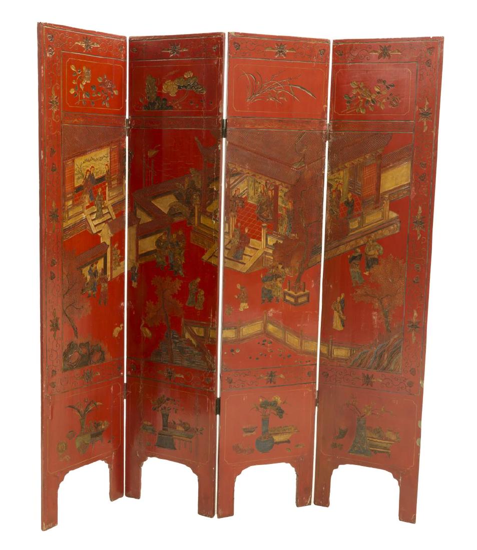 CHINESE RED LACQUER FOUR-PANEL FOLDING SCREEN (1 of 4)