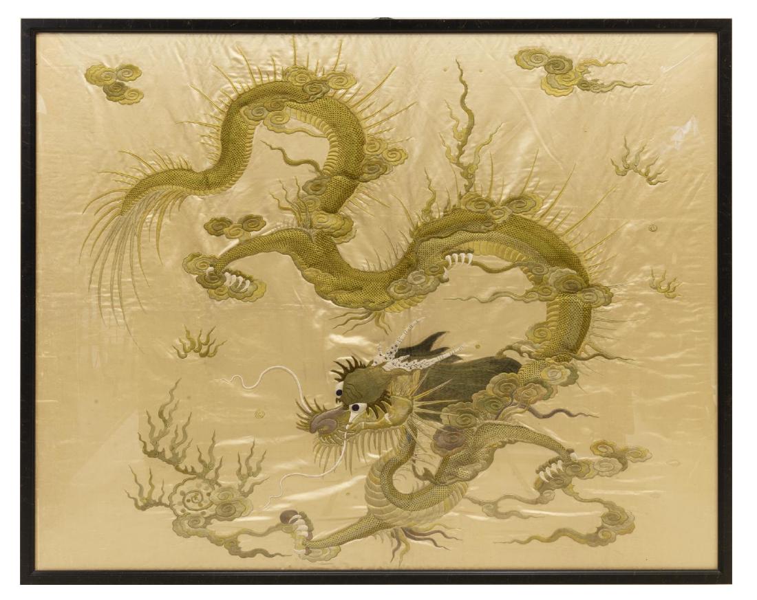 LARGE FRAMED CHINESE SILK DRAGON EMBROIDERY PANEL (1 of 3)