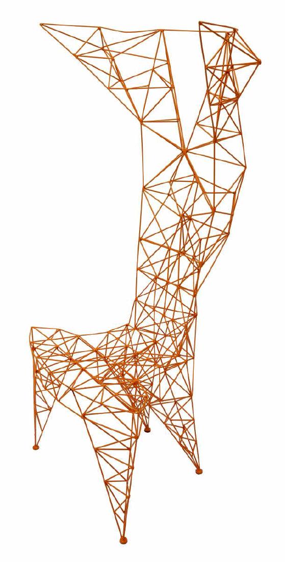 TOM DIXON (B.1959) POWDER-COATED STEEL PYLON CHAIR: Modernist Pylon chair, designed by Tom Dixon (United Kingdom, b.1959) for Cappellini, constructed from lattice work of triangulated powder-coated steel rods, in a lacquered orange finish, one upper ro