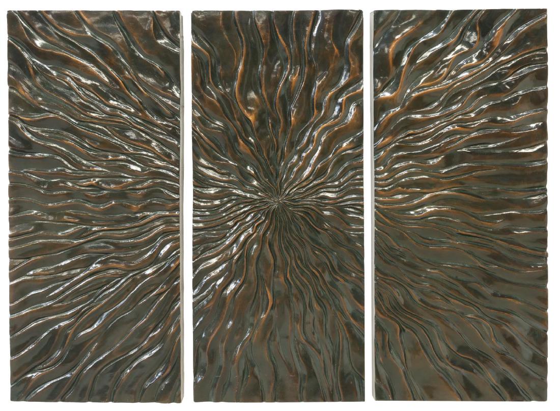 (3) MODERNIST CAST RESIN TRIPTYCH, SUNBURST: Modernist cast resin triptych, Sunburst, each panel: approx 33.5"h, 14.5"w; 29lbs total Start Price: $50.00