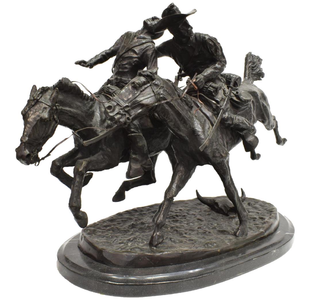 'WOUNDED BUNKIE' WESTERN BRONZE AFTER REMINGTON: Patinated bronze sculpture, "Wounded Bunkie," after the original by Frederic Sackrider Remington (United States, 1861-1900), depicting two riders on horseback, on marble base, approx 20.5"h, 28.5"w, 1