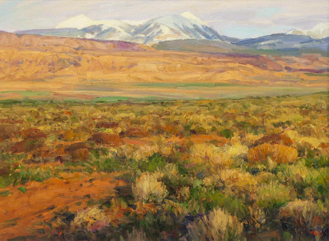 TERRANCE HICK (B.1950) SUNSET, LAS SAC MTN. UTAH: Framed oil painting on canvas, "Sunset on the La Sac Mountains, Utah", signed lower right Hick (Terrance Hick, Colorado, Wyoming, b.1950), titled, dated 1982 at back stretcher, sight: 29.25"h, 39.5"w,