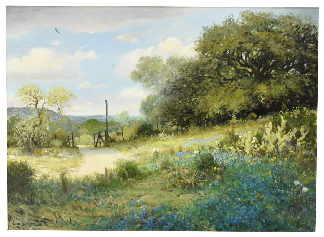 JOHN BARGER (B.1953) TEXAS BLUEBONNET LANDSCAPE: Framed oil on canvas painting, "Open to the Hills," signed lower left John Barger (Texas, b.1953), Altermann and Morris Galleries label verso, sight: approx 29.5"h, 39.5"w, overall: approx 38"h, 48"w,
