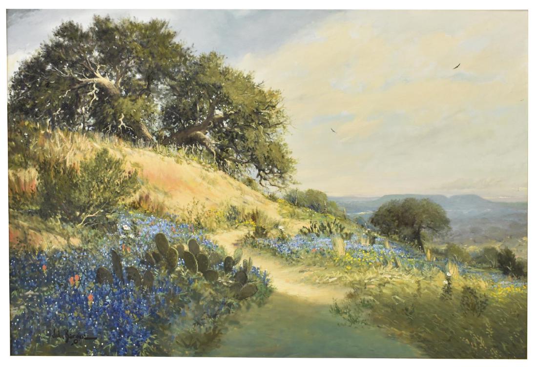 JOHN BARGER (B.1953) BLUEBONNET LANDSCAPE PAINTING: Framed oil painting on canvas, "Comanche Peak Vista", signed lower left John Barger (Texas, b.1953), retaining Altermann & Morris Galleries label on the reverse, approx sight: 40"h, 59.5"w, overall: 4
