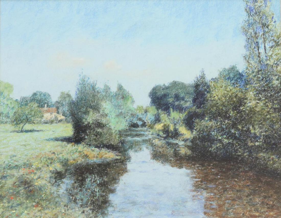 ROBERT RICHARDSON (B.1938) PADDOCK FARMS PASTEL: Framed pastel drawing on paper, "The Paddock Farms," signed lower right R. Richardson (Robert "Bob" Richardson, United Kingdom, b.1938), Pace Galleries label with title verso, sight: approx 15.5"h, 19