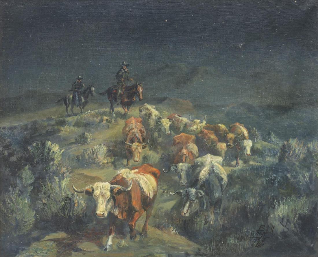 BILL CHAPPELL (1919-2010) NOCTURNE CATTLE DRIVE: Framed oil on canvas painting, "The Moonlighters," signed lower right Bill Chappell (Colorado, Texas, 1919-2010), titled at back stretcher, sight: approx 22.75"h, 27.75"w, overall: approx 31.75"h, 36.