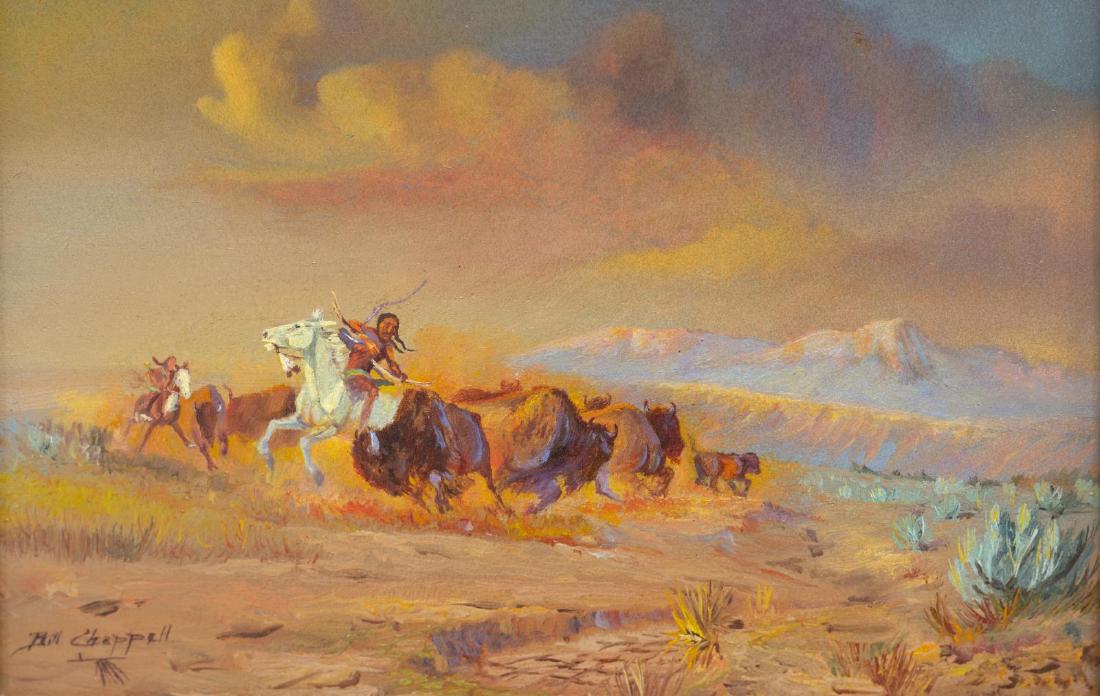 BILL CHAPPELL (1919-2010) BUFFALO HUNT PAINTING: Framed oil on board painting, "Buffalo Hunt, Eastern Colorado" signed lower left Bill Chappell (Colorado, Texas, 1919-2010), dated 1976 and titled verso, sight: approx 4.5"h, 6.5"w, overall: approx 12