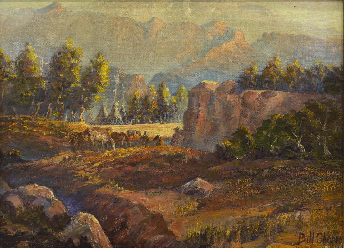 BILL CHAPPELL (1919-2010) WESTERN CAMP PAINTING: Framed oil on canvas painting, "Camp," signed lower right Bill Chappell (Colorado, Texas, 1919-2010), titled at back stretcher, sight: approx 8.25"h, 11.25"w, overall: approx 14"h, 17"w, 2.75lbs **Pro