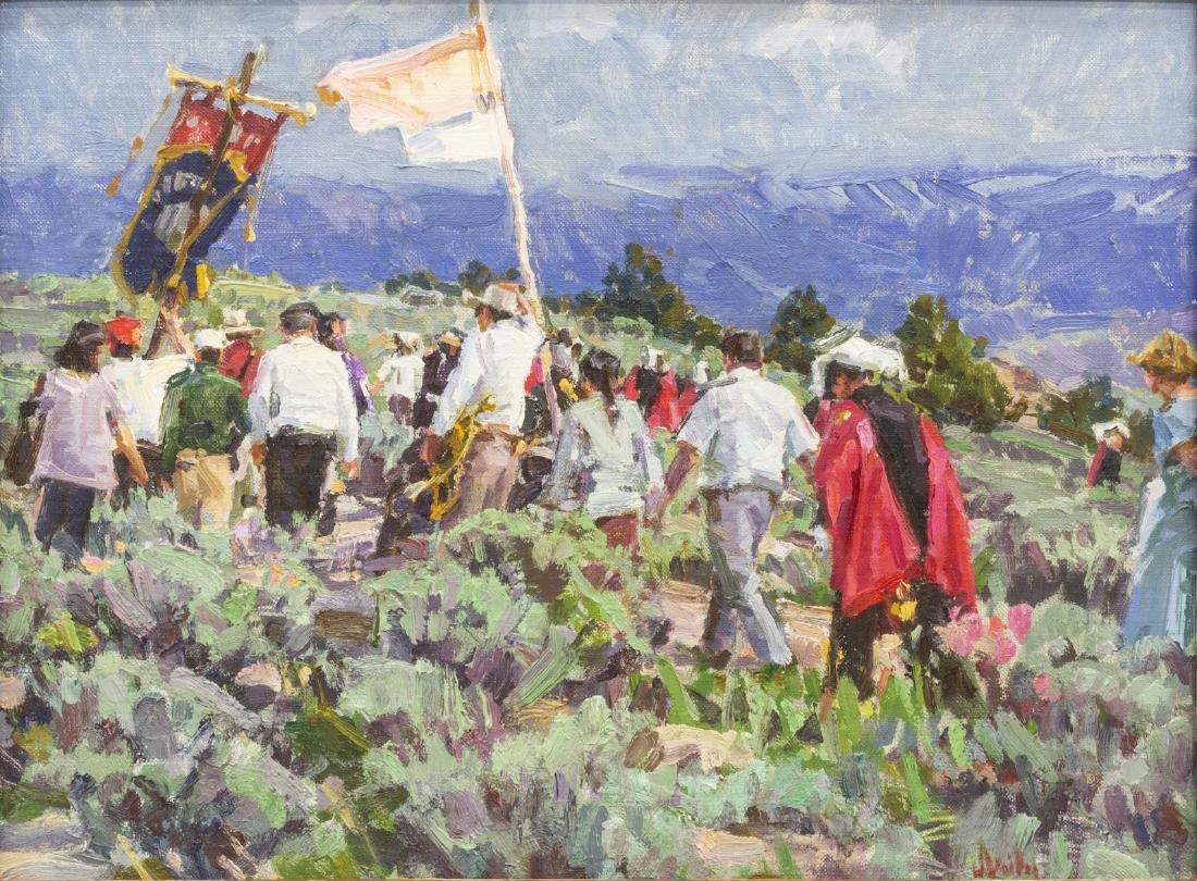 MARK DAILY (B.1944) "PROCESSION, SAN PEDRO MESA": Framed oil painting on board, "Procession, San Pedro Mesa", signed lower right Daily (Mark Daily, Colorado, Illinois, b.1944), sight: 11.25"h, 15"w, overall: 18.5"h, 22.5"w, 3.5lbs Start Price: $250.0