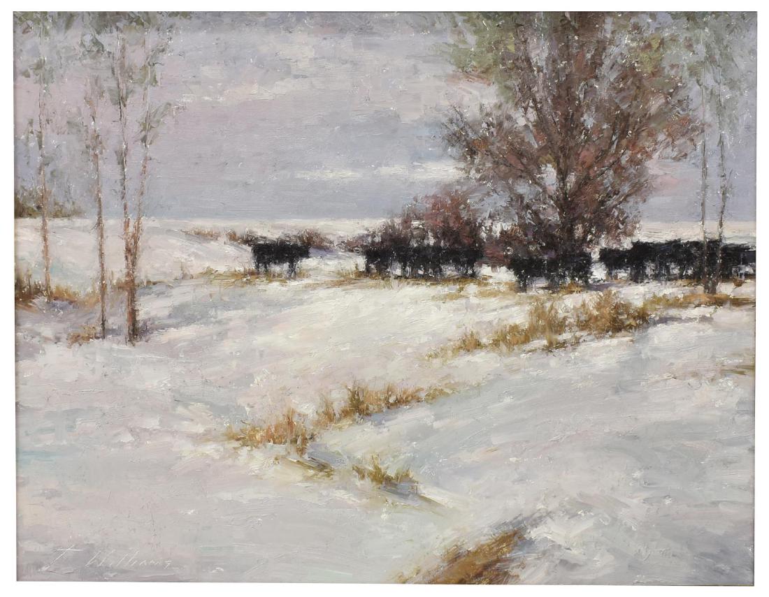 TODD WILLIAMS (B.1967) "WINTER PATTERNS" CATTLE: Framed oil painting on masonite, "Winter Patterns", signed lower left T. Williams (Todd A. Williams, Nebraska, Arkansas, b.1967), artist's card with title and signature verso, sight: 23.5"h, 29.5"w, o