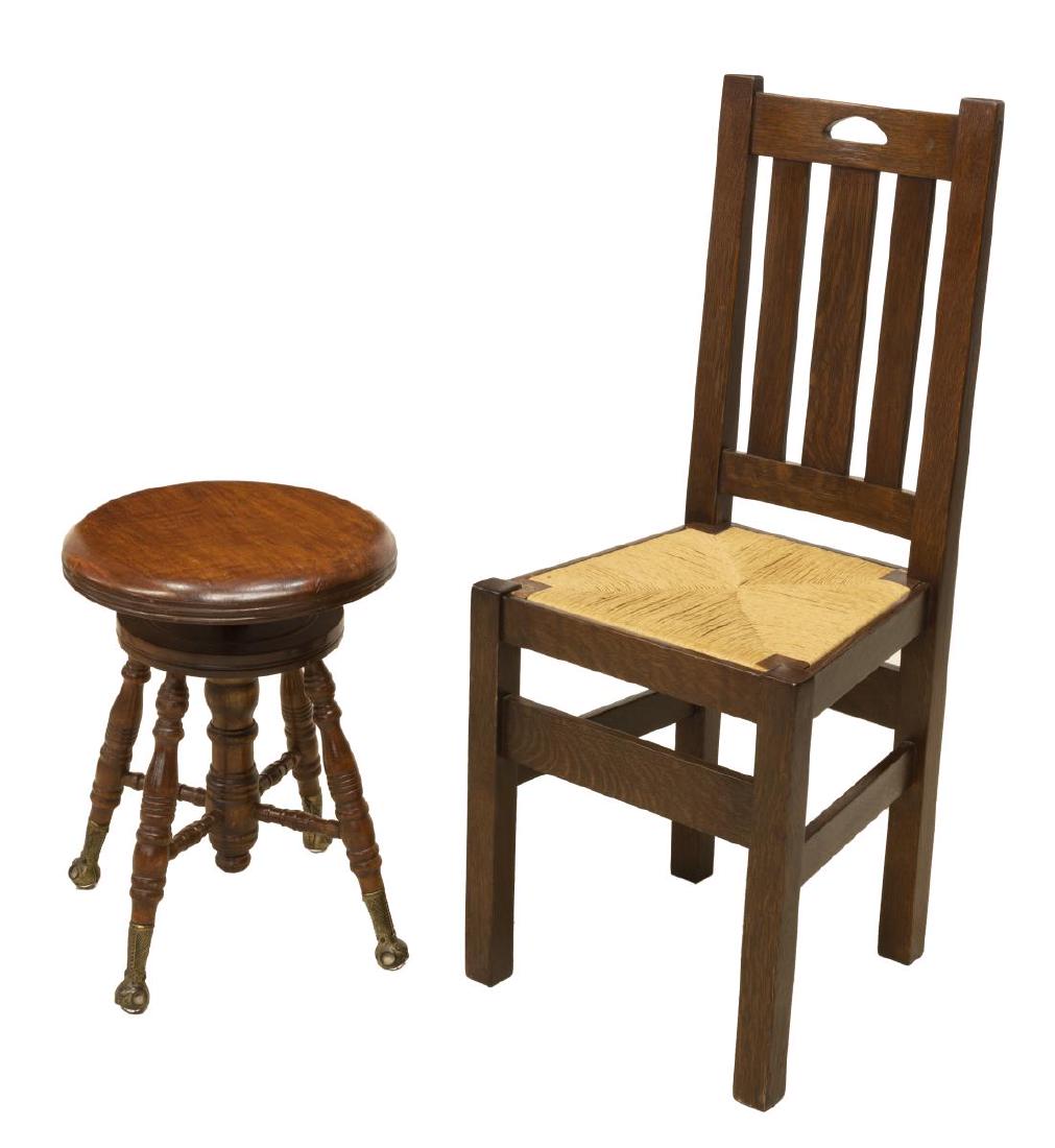 (2) CRAFTSMAN STYLE OAK CHAIR & VICTORIAN STOOL: (lot of 2) Seating group, including: (1) Arts and Crafts style oak chair, having slatted back, over woven rush seat, rising on stretcher-joined block legs, approx 38"h, 15.75"w, 15.25"d, (1) Victorian