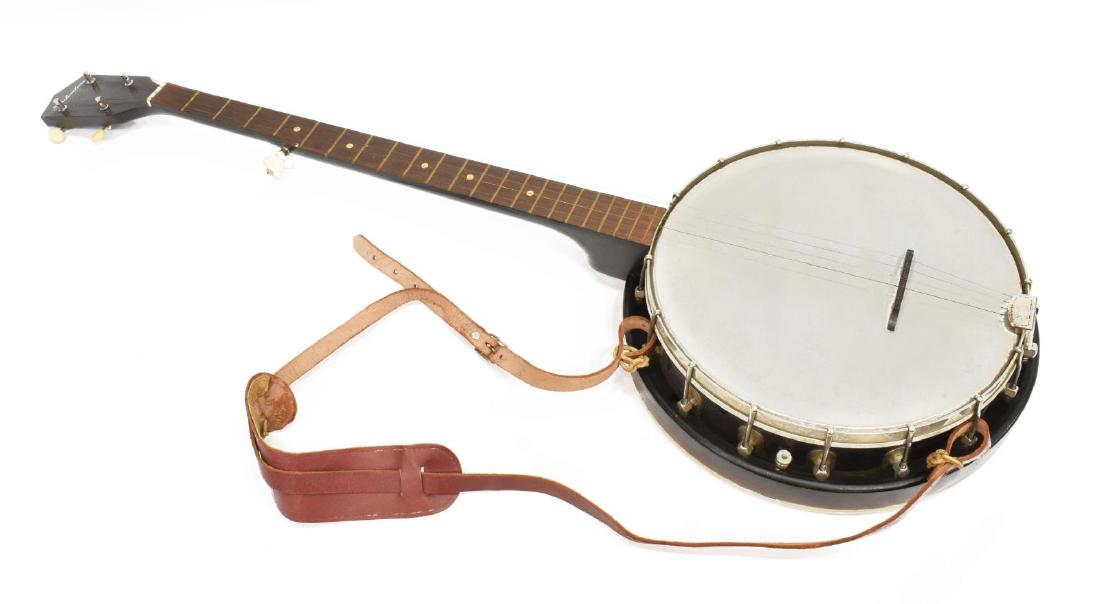 VINTAGE SILVERTONE BANJO: Vintage Silvertone five string banjo, appears in good condition, complete with hard case, case only: 5"h, 39.5"w, 14"d, total: 9lbs Start Price: $100.00