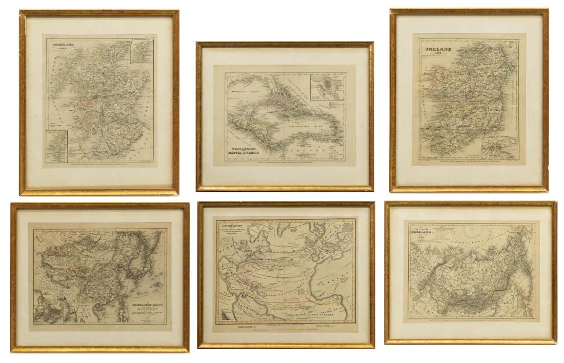 (8) GERMAN MEYER'S ATLAS ENGRAVED MAPS ON PAPER: (lot of 8) Framed German engraved maps on paper, many published by the Bibliographischen Instituts, Hildburghausen, from Joseph Meyer's (1796-1856) Atlas, highlights include West India and Middle Amer