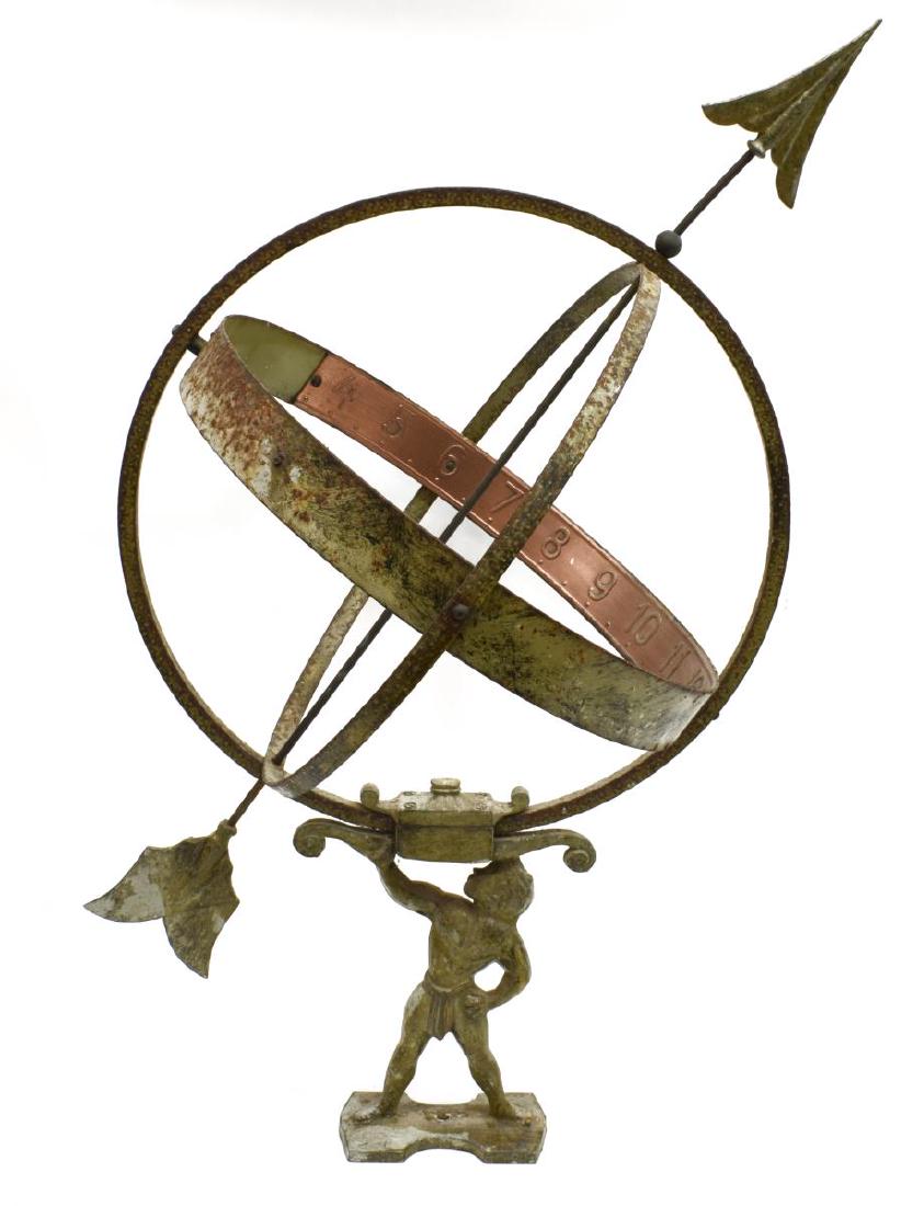 ARCHITECTURAL ARMILLARY SPHERE ATLAS SUNDIAL: Architectural armillary sphere sundial, verde metal and interior copper interior band, held aloft by a mythical figure of Atlas, arrow and tip present, approx 26.5"h, 17.5"w 10.25lbs Start Price: $80.