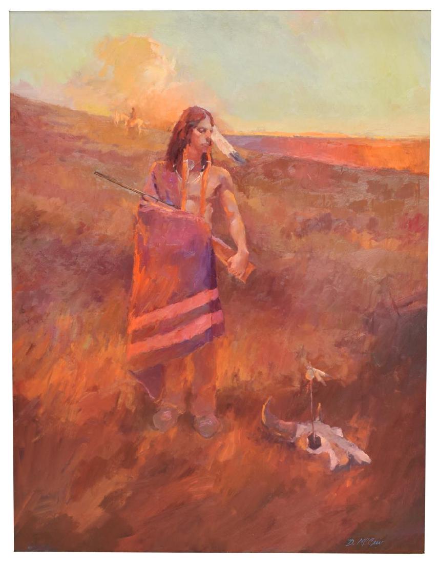 DAN McCAW (B.1942) "COMING OF THE WHITE MAN": Framed oil painting on masonite, "Coming of the White Man", signed lower right D. McCaw (Dan McCaw, California, Montana, b.1942), title tag and Taos, New Mexico gallery tag verso, sight: 29.5"h, 39.5"