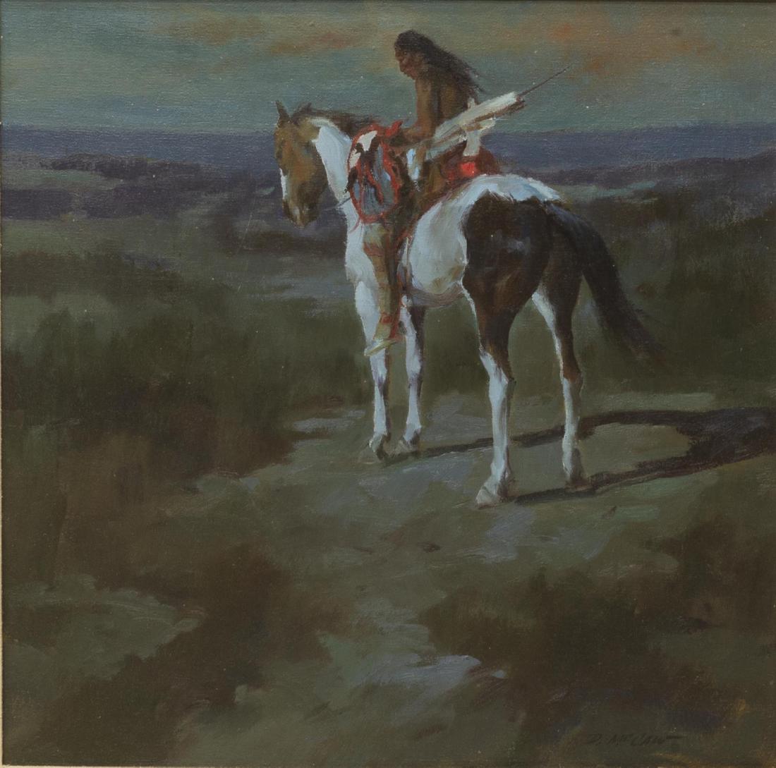 DAN McCAW (B.1942) INDIAN ON HORSEBACK PAINTING: Framed oil painting on canvas, "Silent Night", signed lower right D. McCaw (Dan McCaw, California, Montana, b.1942), titled at back stretcher, sight: 19.25"h, 19.5"w, overall: 30.5"h, 30.25'w, 10.10lb