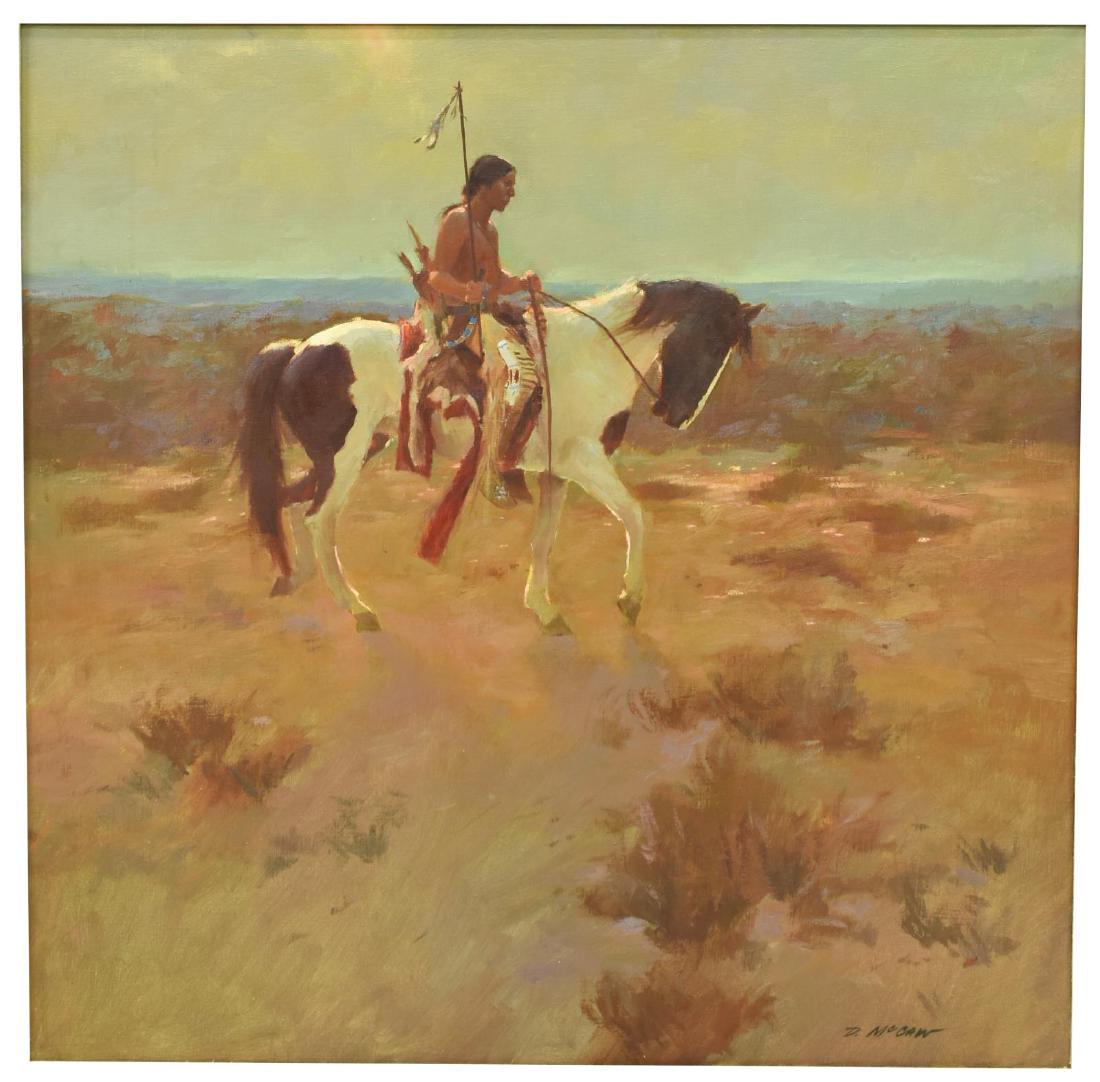 DAN McCAW (B.1942) NAVAJO HORSE RIDER PAINTING: Framed oil painting on linen, "Alone with His Thoughts", signed lower right D. McCaw (Dan McCaw, California, Montana, b.1942), titled at back stretcher, sight: 29.5"h, 29.5"w, overall: 40.5"h, 40.5"w,