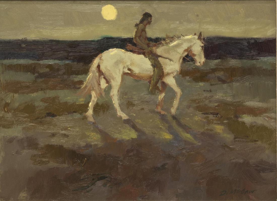 DAN McCAW (B.1942) WESTERN MOONLIGHT RIDER: Framed oil painting on masonite, Moonlight Rider, signed lower right D. McCaw (Dan McCaw, California, Montana, b.1942), sight: 11.5"h, 15.5"w, overall: 20.75"h, 24.75"w, 6lbs Start Price: $300.00