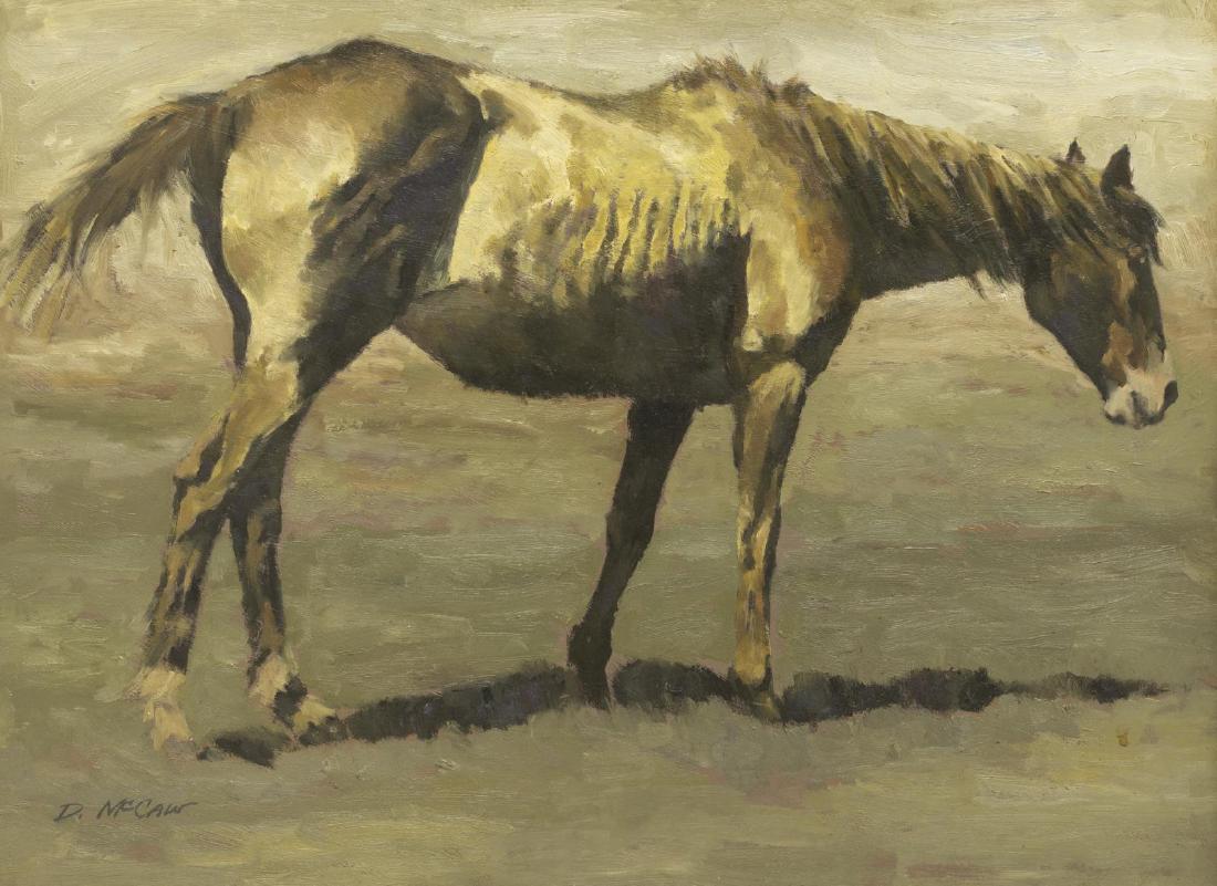 DAN McCAW (B.1942) WESTERN, END OF THE TRAIL: Framed oil painting on masonite, End of the Trail, signed lower left D. McCaw (Dan McCaw, California, Montana, b.1942), sight: 17.5"h, 23.5"w, overall: 26"h, 32"w, 7.15lbs Start Price: $200.00