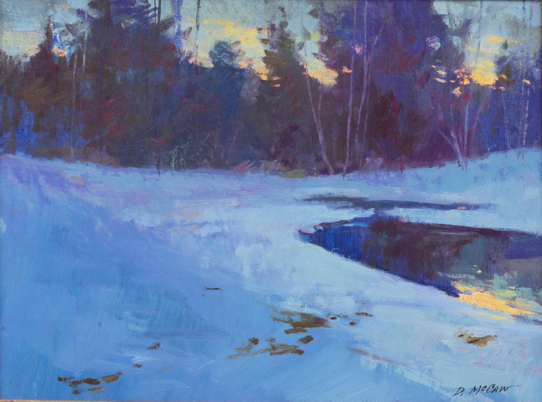 DAN McCAW (B.1942) WINTER FOREST WITH POND: Framed oil painting on masonite, Winter Forest with Pond, signed lower right D. McCaw (Dan McCaw, California, Montana, b.1942), sight: 11.5"h, 15.5"w, overall: 18"h, 22"w, 4.15lbs Start Price: $200.00