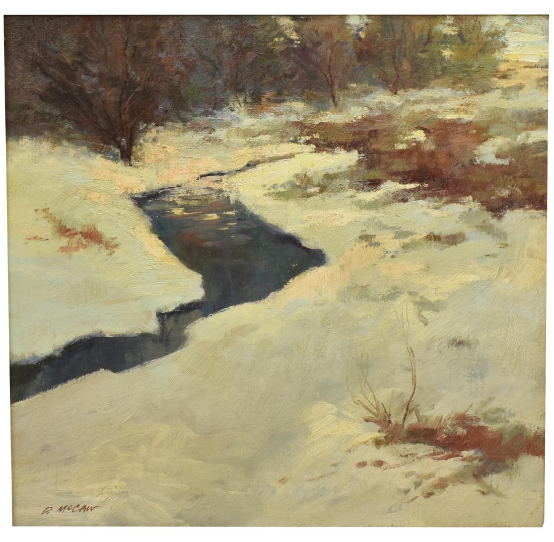 DAN McCAW (B.1942) WINTER STREAM OIL PAINTING: Framed oil on canvas painting, Winter Stream, signed lower left D. McCaw (Dan McCaw, California, Montana, b.1942), sight: 19.5"h, 19.5"w, overall: 30.5"h, 30.5"w, 10.25lbs Start Price: $400.00