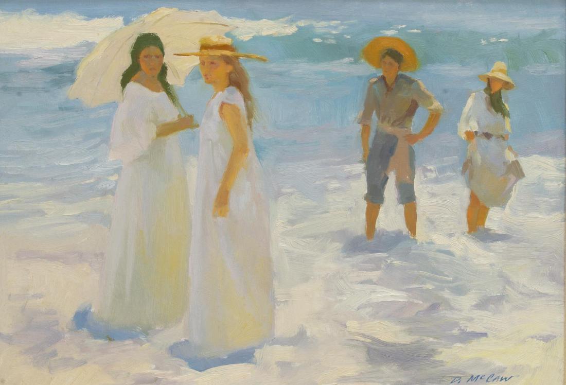 DAN McCAW (B.1942) "SUNDAY MORNING": Framed oil on masonite painting,"Sunday Morning", signed lower left D. McCaw (Dan McCaw, California, Montana, b.1942), titled at back of frame, sight: 11.5"h, 15.5"w, overall: 20.5"h, 25"w, 8lbs Start