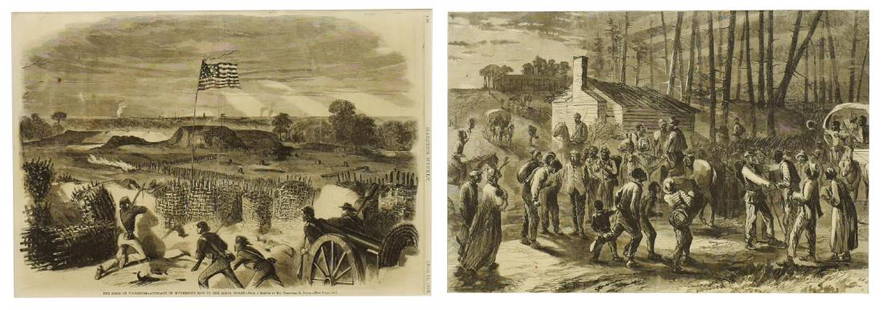 (2) FRAMED HARPER'S WEEKLY CIVIL WAR ILLUSTRATIONS: (lot of 2) Framed illustration prints on paper, from Harper's Weekly, including: (1) "The Siege of Vicksburg - Approach of McPherson's Saps to the Rebel Works," after Theodore Russell Davis (United